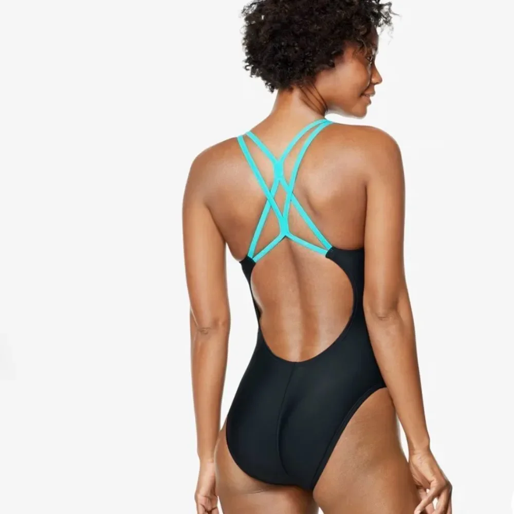 SPEEDO Women's Size 6 Active Diagonal Colorblock One Piece Swimsuit black green‎